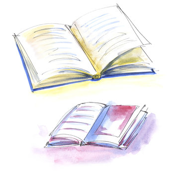 Two decorative elements. Simple inky watercolor sketch. open book, notebook or magazine. Pink and blue colors. Hand drawn watercolor illustration