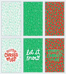 Set of hand drawn greeting cards with decorative elements and lettering. Merry Christmas and Happy New Year greeting card designs. Template for posters, invitations, flyers and phone wallpapers.