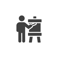 Man shows presentation screen vector icon. filled flat sign for mobile concept and web design. Business training glyph icon. Symbol, logo illustration. Vector graphics