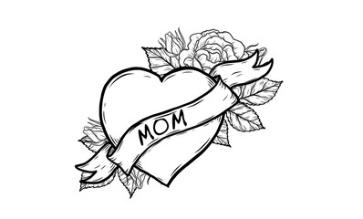 Heart with wording mom vector by hand drawing.Beautiful tattoo on white background.Graphic art highly detailed in line art style.Red heart with ribbon retro for wallpaper or tattoo.