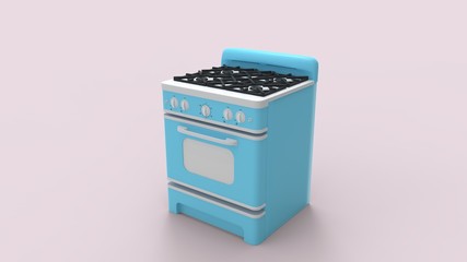 3d rendering of a blue retro vintage cooking stove isolated