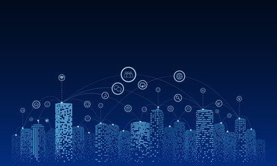 Communication and networking in a digital society. Sky background. Future city or smart city concept.