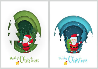 Set of Winter Christmas Greetings in Paper Cut Style with Green and Blue Layered Background with Santa Claus - Vector Illustration