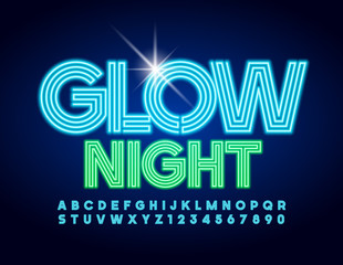Vector Neon banner Glow Night with Bright electric Font. Blue Illuminated Alphabet Letters and Numbers