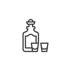 Tequila bottle and glass line icon. linear style sign for mobile concept and web design. Mexican alcoholic drink outline vector icon. Bar beverages symbol, logo illustration. Vector graphics