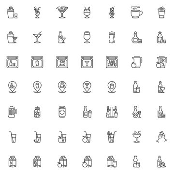 Drinks and Beverages line icons set. linear style symbols collection, outline signs pack. vector graphics. Set includes icons as cocktail milkshake, alcoholic drinks, shaker with glass shot, water