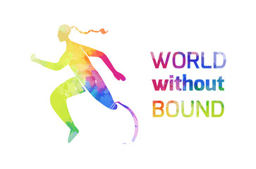 Fototapeta na wymiar International Day of Persons with Disabilities. World without bounds. Sportswoman with prosthesis running sprint. Girl silhouette with lettering and watercolor rainbow background. Poster and banner