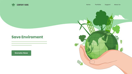 Save Environment concept based landing page design with human hand holding green earth globe.