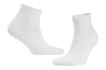 Blank white cotton medium socks on invisible foot isolated on white background as mock up for advertising, branding, design, front side, side view, template.