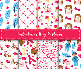 Valentine Day seamless pattern set - cartoon kawaii girl and boy in retro suit, hedgehog, pink ice cream, hot cocoa cup, abstract texture with hearts, romantic vector background for wrapping, textile