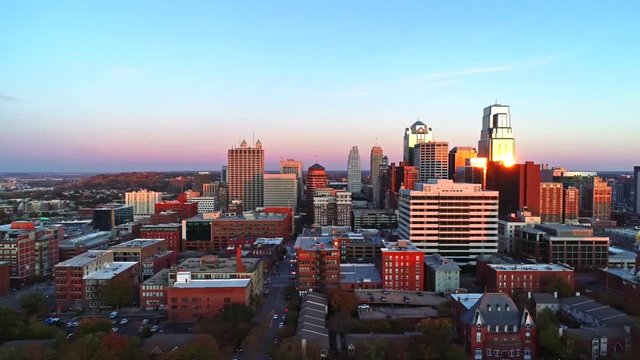 Golden Hour Sunset on Kansas City Skyline Pan Left to Right with Drone