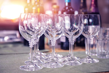 Catering service. Table setting, glass goblets, cutlery