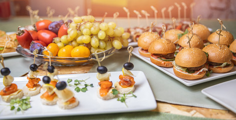 Catering service. Restaurant food canapes table with snack delicious dining