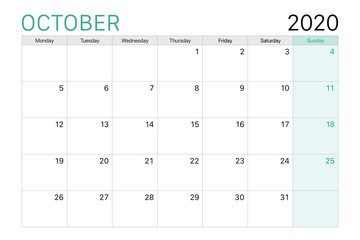 2020 October illustration vector desk calendar
