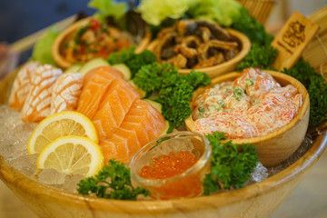 Mixed Sashimi set in Japanese restaurant. Japanese food, selective focus 