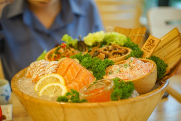 Mixed Sashimi set in Japanese restaurant. Japanese food, selective focus 