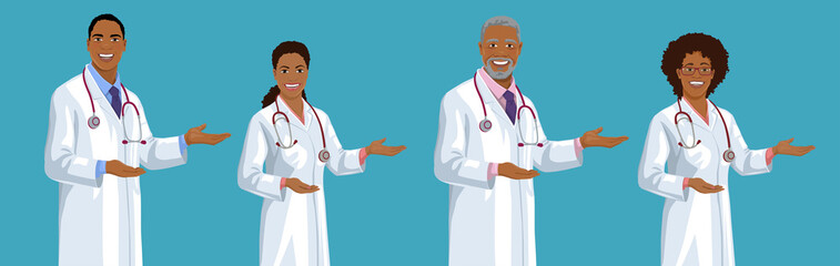 Set of smiling young and middle-aged African American doctors. Handsome men and cute women wearing a lab coat stands and points sideways by hand palm. Isolated vector illustration