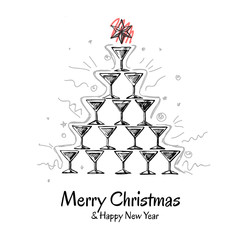 Christmas greeting card with pyramid of champagne glasses. Abstract Christmas tree