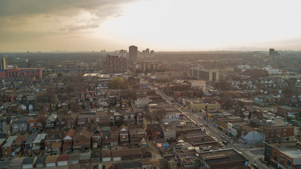 Sunset city drone shot
