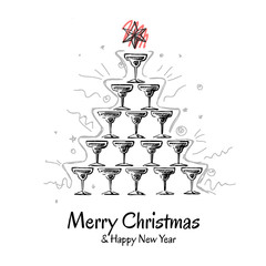 Christmas greeting card with pyramid of champagne glasses. Abstract Christmas tree