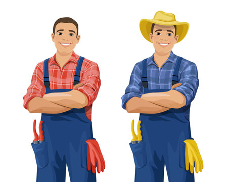 Cartoon farmer wearing checkered shirt, overall and hat stands with arm crossed. Smiling gardener with work gloves and hand pruners in his pocket. Vector illustration isolated on the white background.