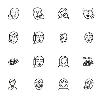 Cosmetology Line Icon Set. Botox Injection, Solarium, Mascara. Beauty Concept. Can Be Used For Topics Like Dermatology, Skin Care, Aesthetics