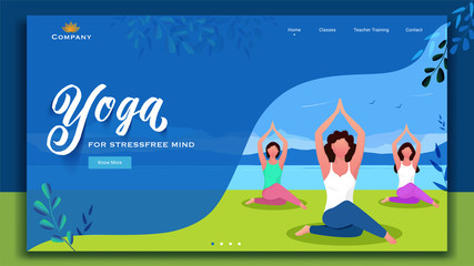 Landing page or web banner design with women character practice yoga sukhasana pose for Stress free mind.