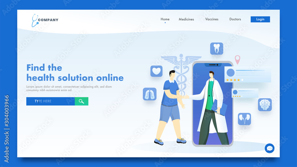 Wall mural Responsive landing page design with illustration of doctor handshaking from patient with medical app in smart phone for Online Health Solution concept.