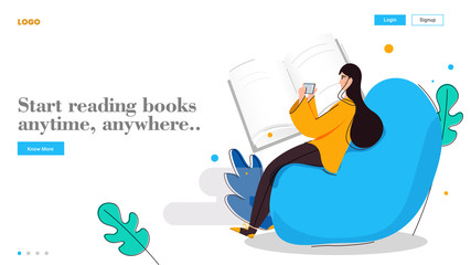 Young girl start reading books anytime, anywhere from smartphone on abstract background for Online Education concept based landing page design.