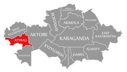 Atyrau red highlighted in map of Kazakhstan