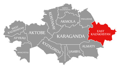 East Kazakhstan red highlighted in map of Kazakhstan