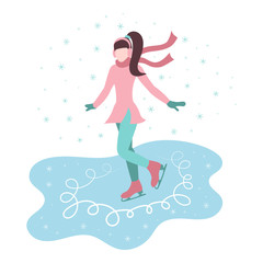 Cartoon girl skates on ice in the street, snow is falling.