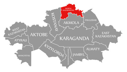 North Kazakhstan red highlighted in map of Kazakhstan