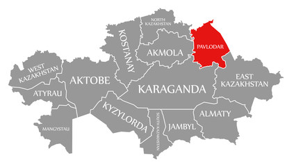 Pavlodar red highlighted in map of Kazakhstan