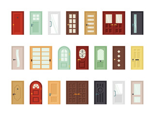 Detailed front doors flat vector icons set