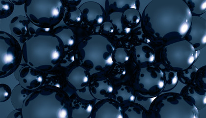 Many balls of different sizes of dark metal. Abstract background. 3D rendering.