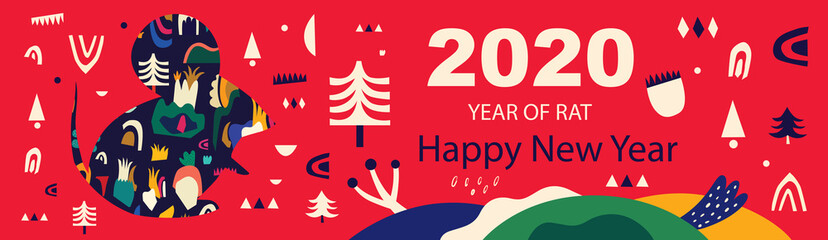 Happy New Year 2020 vector logo design. Happy new year with cute mouse rat in folk style. Chinese New Year. Cover of design for 2020. Calendar design, brochure, catalog, card, banner, wallpaper. 