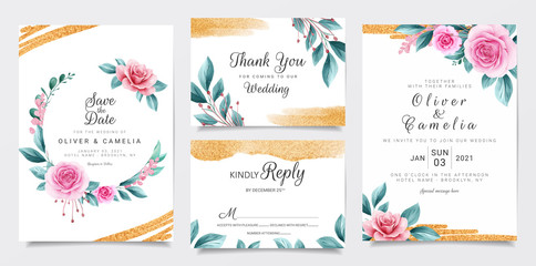 Elegant wedding invitation card template set with watercolor floral and glitter background. Roses and leaves botanic illustration for background, save the date, invitation, greeting card, poster