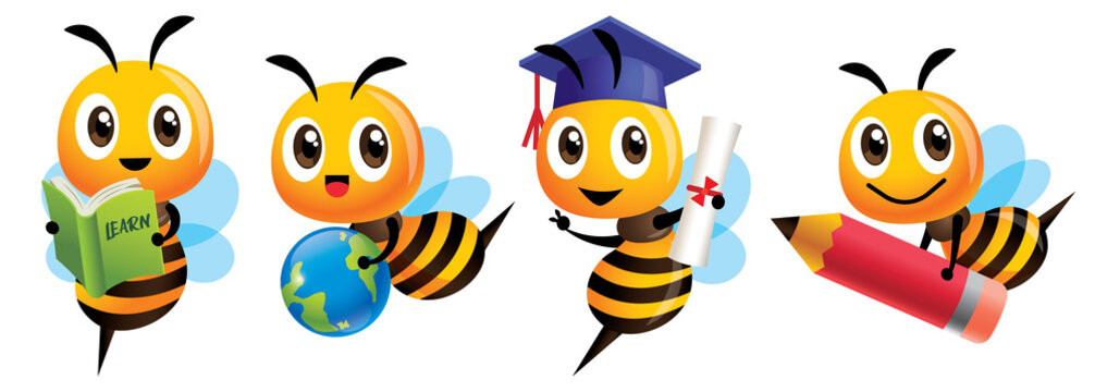 Bee Back to school set. Cartoon cute bee education mascot set. Cartoon cute bee graduation, holding a learning book, carrying a globe earth, carrying a big red pencil  - Vector character mascot set