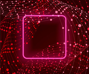 Vector Abstract Glowing Background, Neon Lights, Square Frame on Network Connections Background, Bright Red and Magenta Colors.