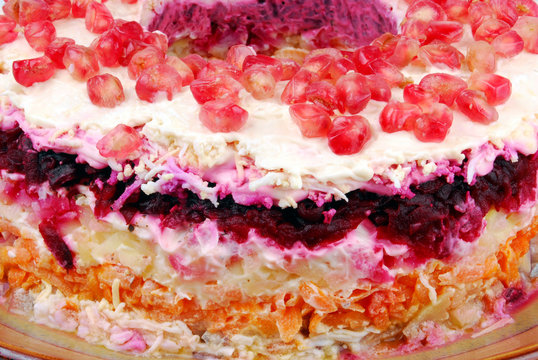traditional salad  herring dressed layered with vegetables- Selyodka pod shuboy