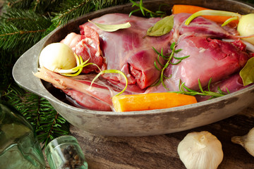russian traditional rustic cuisine, game hare with vegetables © chaiko