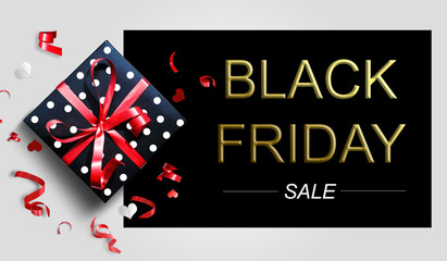Black Friday Super Sale. Realistic black gifts boxes. glitter gold confetti, gift box with red bow. Dark background golden text lettering. Horizontal banner, poster, header website