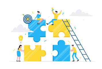 Teamwork concept with tiny people characters working together with big jigsaw puzzle pieces. Teamwork and time management concept flat style design vector illustration isolated on white background.