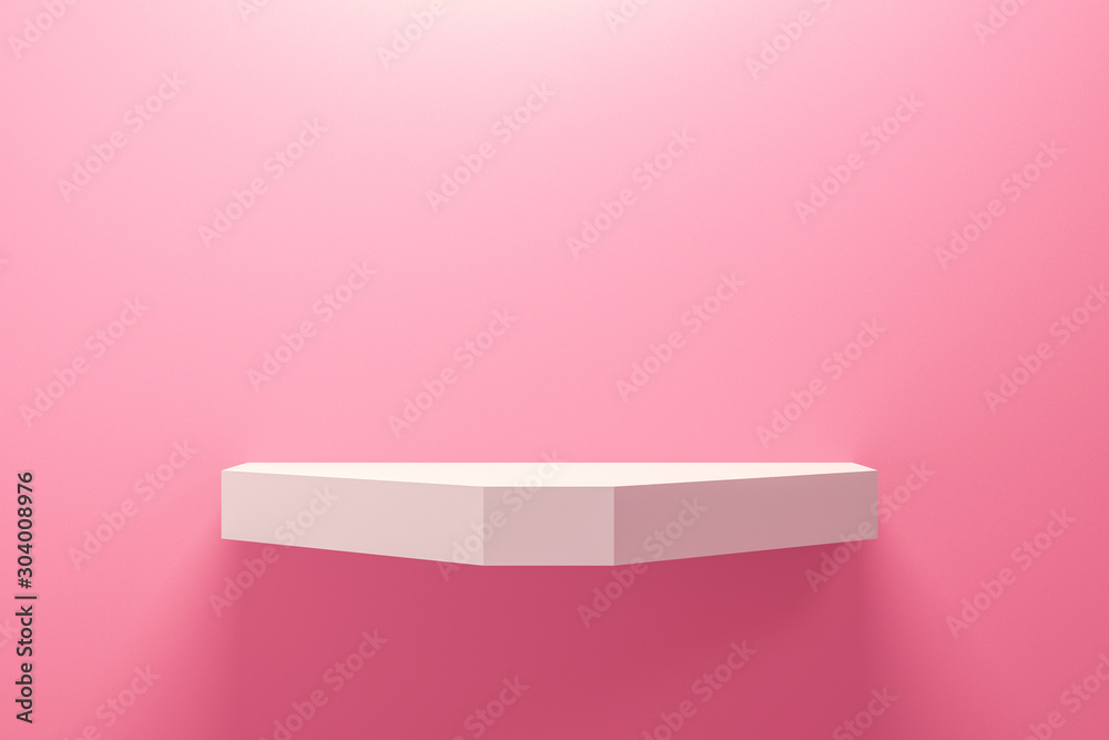 Poster Front view of empty shelf on pink wall background with modern minimal concept. Display of backdrop shelves for showing. Realistic 3D render.