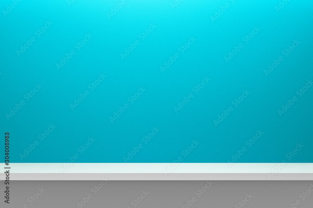 Poster Front view of empty shelf on light blue table and wall background with modern minimal concept. Display of backdrop shelves for showing. Realistic 3D render.
