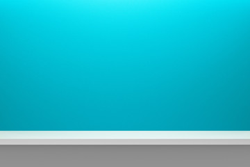 Front view of empty shelf on light blue table and wall background with modern minimal concept....