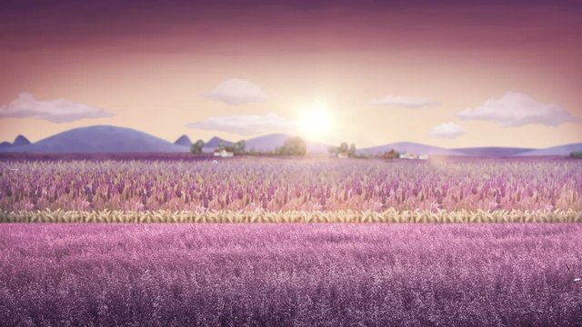 Lavender background graphic with warmly nature sunrise and butterfly