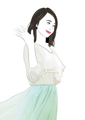 風でスカートをなびかせ手を上げ笑顔で挨拶する女性