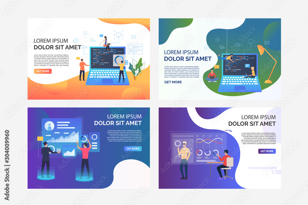 Poster software development set. developers working on computers, analyzing vr report. flat vector illustra